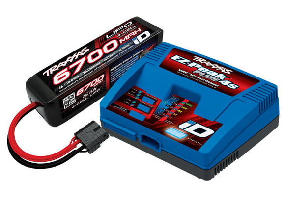 Part #2998: Battery/charger completer pack (includes #2981 EZ-Peak Plus 4s iD charger (1), #2890X 6700mAh 14.8V 4-cell 25C LiPo battery (1))