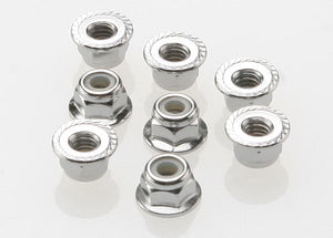Nuts, 4mm flanged nylon locking (steel, serrated) (8) #3647