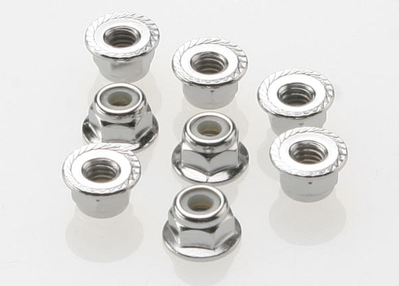 Nuts, 4mm flanged nylon locking (steel, serrated) (8) #3647